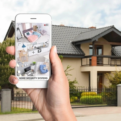 New Haven vivint phone display of cctv live feed in front of a house